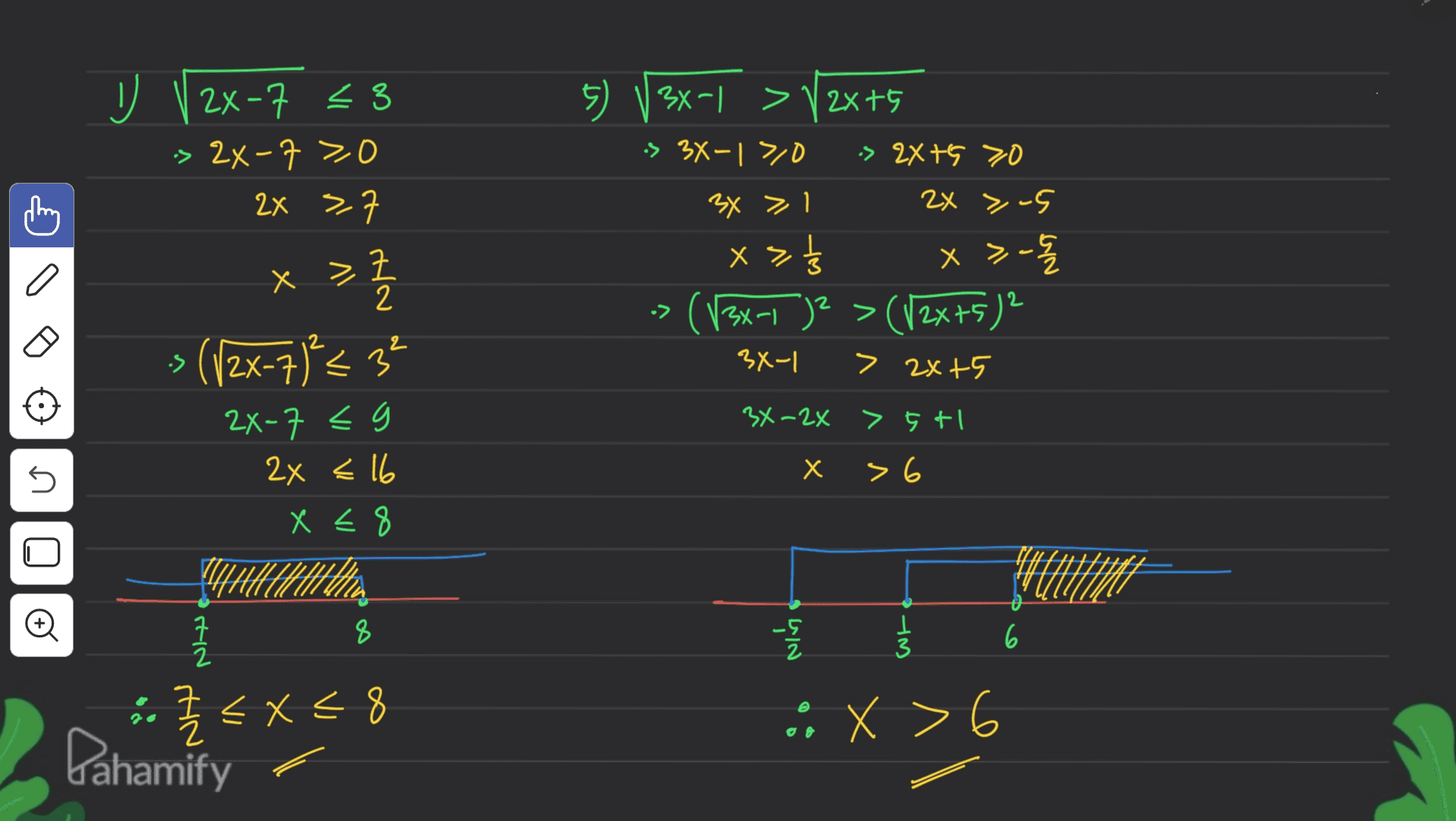 J 2X-7 <3 -> 2X-7 >0 ok StXZ < 2X 37 12 XE 5) V3x-1 > -> 2X+5 => 3X-1 >/D 2X >-5 xst -> (13X-1 )2 > (12x+5)2 3x-1 > 2x+5 35-48 X > Z x > 국 2 • > (12X-7433 3x-2x > 5 tl 2X-7 < 2x = 16 n х >6 8 Ž x U Vühtliftit o } 8 Nis 114 6 2 8 X = < X < 8 2 g < X : 9 <X Pahamify 