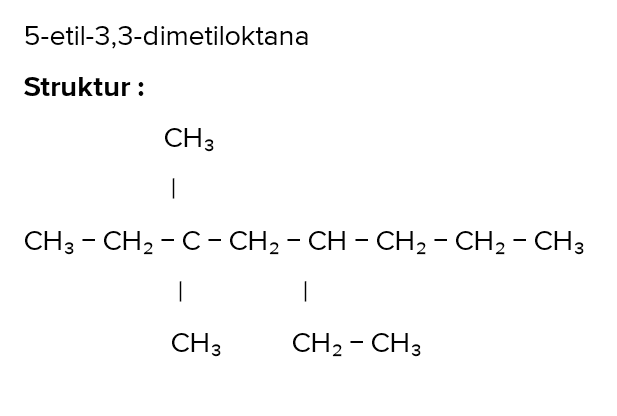 5-etil-3,3-dimetiloktana Struktur : CH3 1 CH3 - CH2 - C- CH2 - CH - CH2 - CH2 - CH3 | | CH3 CH2 - CH3 
CH3 I 1 CH3 - 2 CH2 – 3 C-4 CH2 - 5 CH – CH2 – CH2 – 8 CH3 | | CH2 CH2 - CH3 *Note : pada struktur diatas yang di cetak tebal adalah alkil (cabang)* 