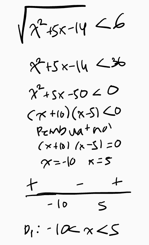 7²15x-14 <6 X+5x-14 <36 x²+sx-5020 (X+6)(x-sico Pembuatna (x+10l 18-31=0 x=-10 Kas t + - 10 s S s>x>ol-:la 