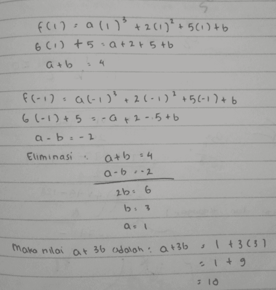 5 f(1) all13 +211)² + 5(1)+6 6 (1) +5=a+2+5 +6 atb 4 f(-1)= a(-1)3 +26-1) 7 +56-1) + b 6(-1) + 5 = a +2.5+ b ab = -2 Eliminasi . a+b = 4 a b : 2 2b = 6 b: 3 a = 1 maka nilai at 36 adalah : a +36 is 1 +3631 - 1 g 310 