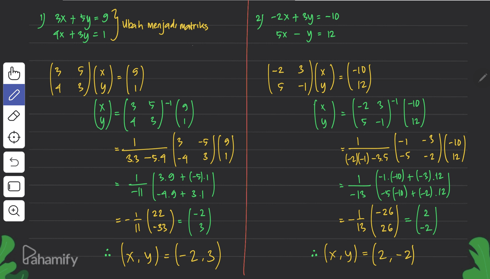) 3x + 5y = 9 4х + 0 = Ubah menjadi matries 21 -2x + 3y = -10 5x – y = 12 -2 3 3 S -| a { z- -10 o 5)=69 (1)-(3.3390 istabasskas :) 12 0 .10 ( ) (+)-(2) 6)+(73)"0) -SS-S4 1. 3)(3) (1) -- (25)= (3) Pahamify . (x,y)=(-2.3) U I -3 (-2)(-1) -3,5 ls 1 + (-1.1-10)+(-3).12 -13 1-5(-10)+(-2), 12) U El #(26) = (3) :(x,y)=(2,-2) is 
