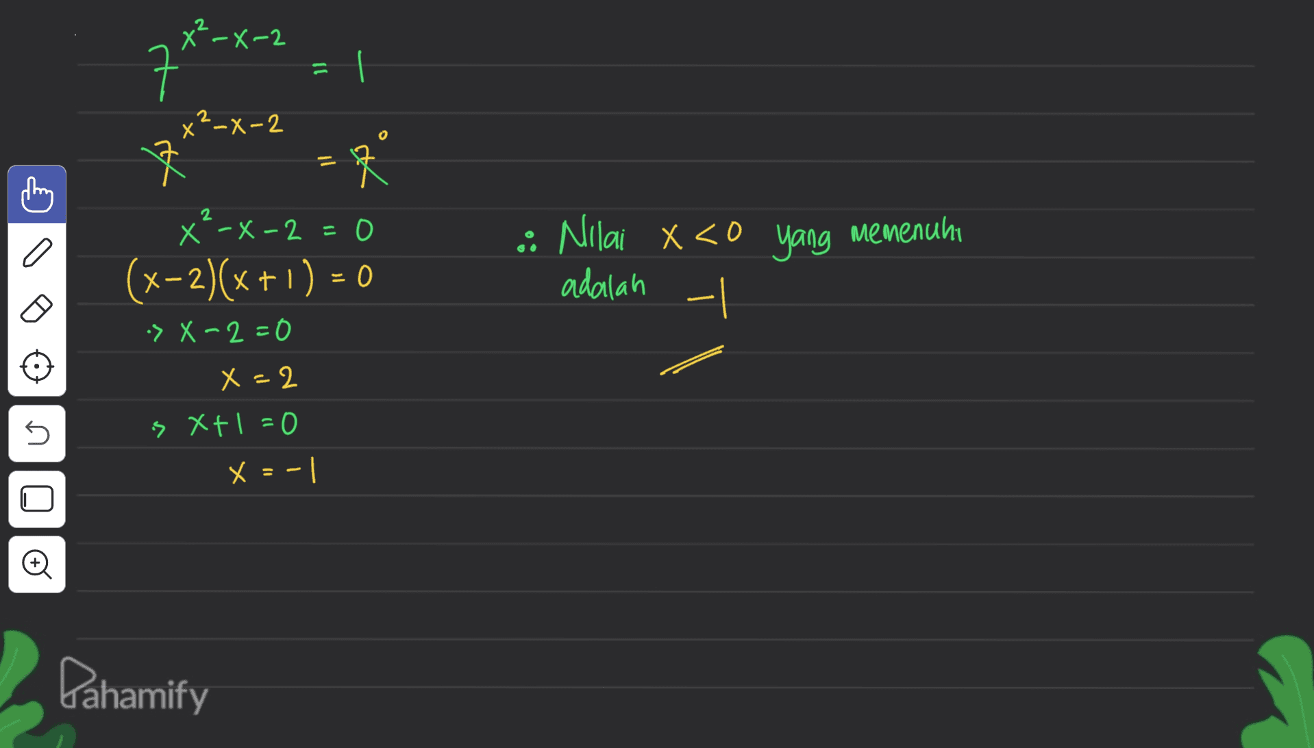 77²-x-2 Il 文 7 - x²-x-2 * x²-x-2=0 (x-2)(x + 1) = 0 •> X-2 = 0 X=2 s xt1=0 x = -1 :: Nilai x <0 yang memenuhi adalah 5 U O Pahamify 