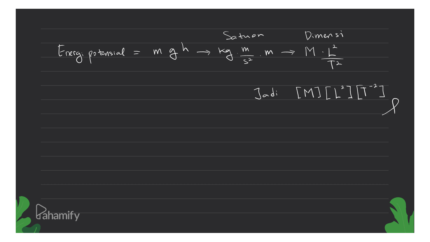 Satuan 2 m и Energi potensial mg m Dimensi > M T2 s? Jadi [M] [2²] [T? l Pahamify 
