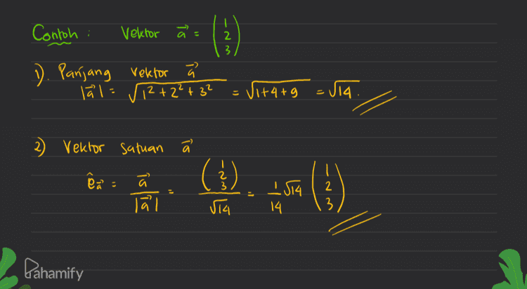 Contoh Vektor I 2 3 1. Panjang Vektor lål= √2 +2²+ 3² Vi+y+9 = via. 2) Vektor satuan To eä : 11 islis I ST4 14 Pahamify 
VEKTOR. . # Vektor Satuan Cê). ( vektor yang mempunyai panjang 1 satuan = * Rumus panjang Vektor ã pit qutrik Panjang ă: lal= vp²+q²tr² Jika vektor a = pi tqj tri, maka Vektor satuan ã. e и a pitqjtrk lå । up²+q²tp2 Pahamify 