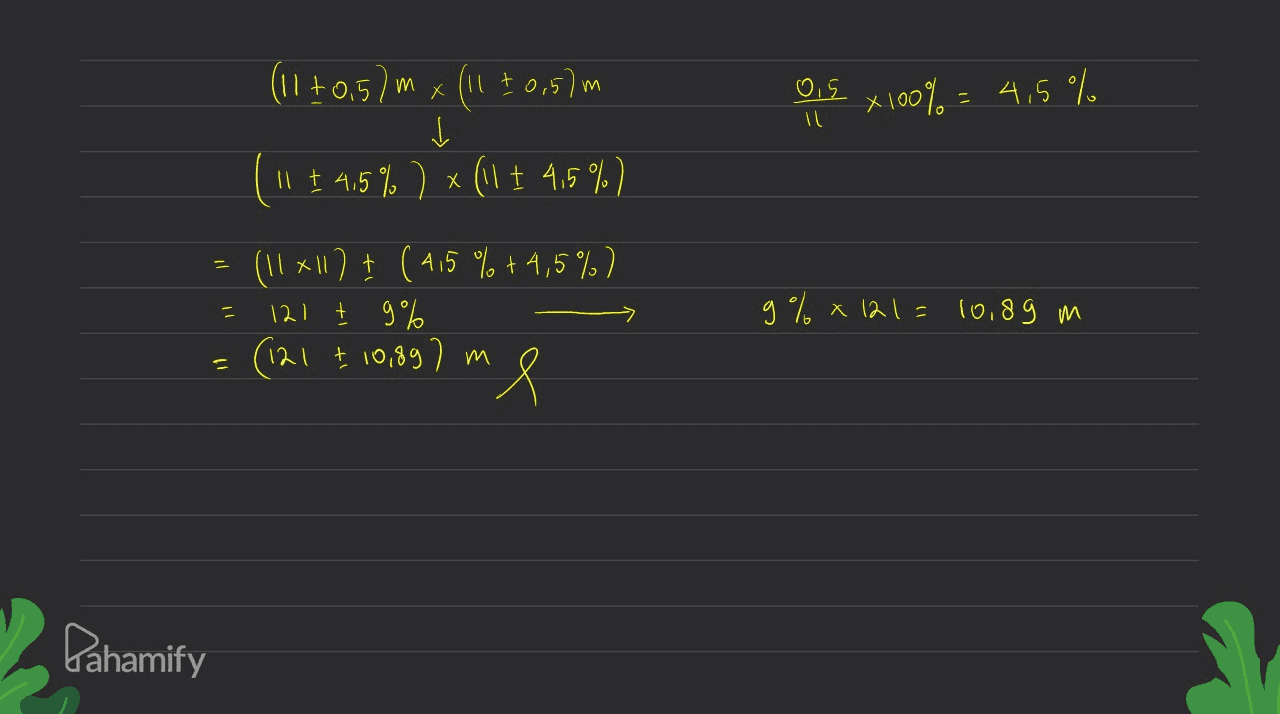 O 의 도 X100% = 4,5% IL (11 +0,57m x (11 +0,5)m ✓ ll $ 4,5% ) x (ll 4,5 %) - = (11x117 I (4,5 % +4,5%) 121 h 9% (121 + 10,89 ) m “Х e 9% *121= 10,89 m = Pahamify 