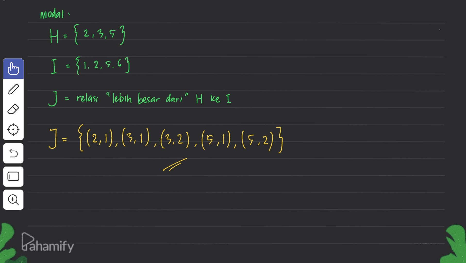 modal: H. {2,3,5} = I = {1.2.5.63 こ a J = relası “lebih besar dari" H ke I J = {(2,1),(3,1),(3,2), (5,1), (5.2); s s Oo Dahamify 