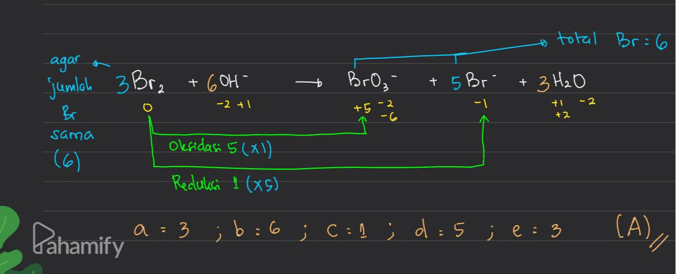 * total Br=6 agar a jumlah 3 Bra 3 + 60H Bro, + 5 Bro + 3 H₂O -2 +1 -I - 2 +5 - 2 +1 +2 -6 Br sama Oksidasi 5(x1) (6) Reduliah ! (XS) Pahamify a=3 ; b:6; c=1 ; d = 5 ; e = 3 (A), 