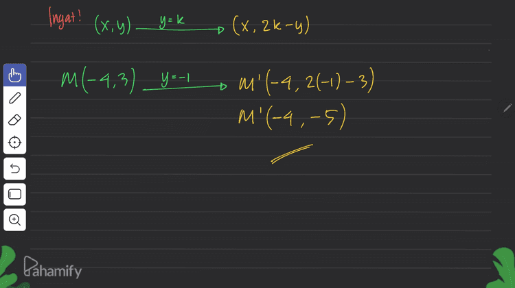 Ingat! (x,y) y=k (x,zk-y) M(-4,3). M |--ħ m'(-4, 2(-1) – 3) C a (s-'b-), no 45 © Pahamify 
modal: -> X+34 7 12 ... X+ -> X+ y = 8 © > 0 2 ar nix c. 8 a DHP LI | О | x 4 Ditanya DHP = # x + 3y > 12 0(0,0) 0+3.0 > 12 0 14 14 10 03.12 (salan) (0,4), (12,0) # x+y=840 (0,0) x 108 0+0€8 5 Х 8 12 O 8 K 028 benar) (0,8)(8,0) Pahamify 