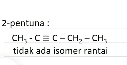 2-pentuna : CH3 - C = C- CH2 - CH3 tidak ada isomer rantai 
Isomer : fenomena dimana lebih dari satu senyawa memiliki rumus kimia yang sama namun berbeda penataannya. Isomer rantai : apabila dua senyawa dengan rumus kimia yang sama namun memiliki perbedaan pada susunan kerangka atau rantai karbonnya. 
