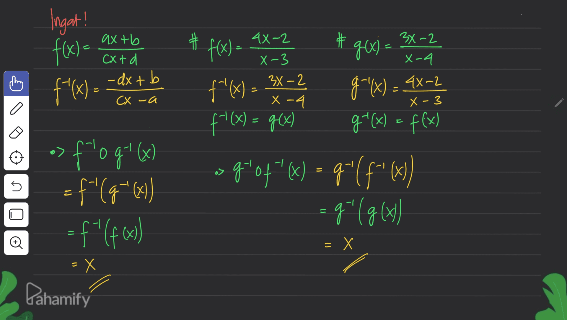 Ingat! # # # f(x) = ax til goal = 3x - 2 2 4 axtb CX td - dx + b CX -a 2 f'(x) =2 3 a f(x) = ax -23 f (x) f*(x) = 3x - 2 g (x) = xx - 2 ( f'(x) = g(x) g'(x) = f(x) > 9404*(x) = 9"(f"() "X ) > -| ex f'ogok) = f'(g="641) o7 s s (4) b), b= = (1927).- 5 = Đ =X Х X - Dahamify 