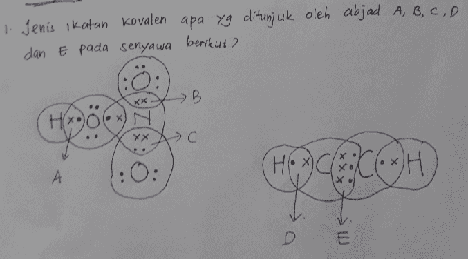 1. Jenis Ikatan Kovalen apa yg ditunjuk oleh abjad A, B, C, D dan E pada senyawa berikut? E 1:0 B H& Xx : 0. Hox) CH 개 A D D E 
