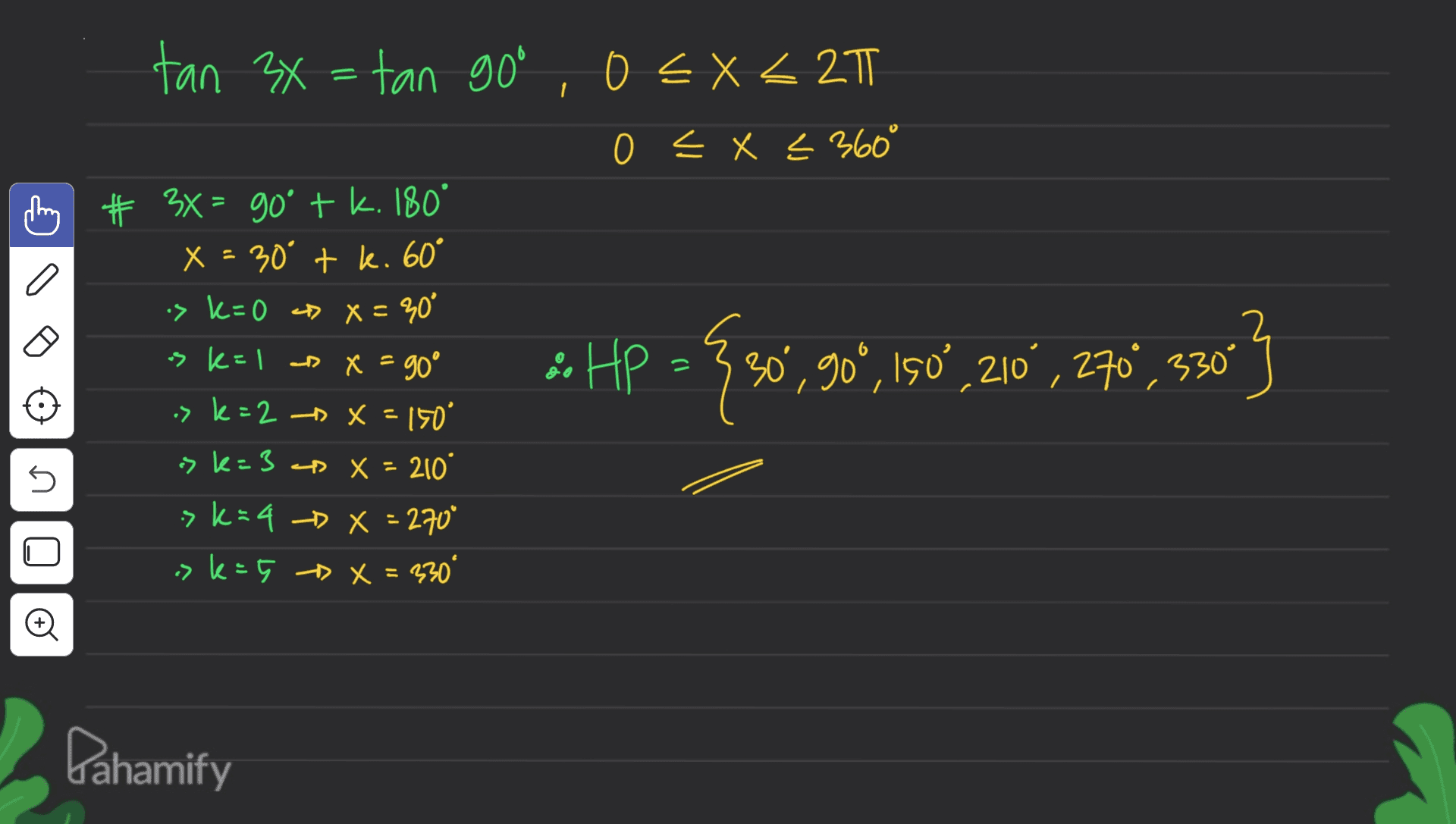 tan 3x = tan goo, o EX <21 0 < x < 360° # 3X = goº + k. 180° X = 30° tk. 60° is k= 0 D x = 30° os k=1 D X = 90° .> k = 2 -- X = 150 > k=3 X = 210° sk=4 -> X = 270 >k=5 X = 330° 3. HP = {sov, 90° 15,210", 270,5803 = 5 Pahamify 