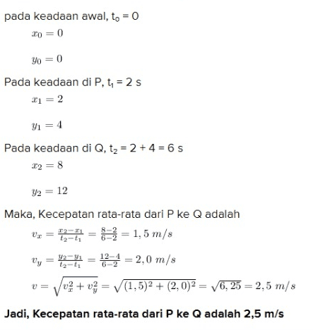 pada keadaan awal, to = 0 20 = 0 Yo = 0 Pada keadaan di P, 19 = 2 s 21 = 2 91 = 4 Pada keadaan di Q, tz = 2 + 4 = 6 s 32 = 8 92 = 12 U = 12-11 ta-ti Maka, kecepatan rata-rata dari P ke Q adalah = 83 = 1,5 m/s 121= 2,0 m/s 03 + vg = (1,5)2 + (2,0)2 = 6,25 = 2,5 m/s 42-vi U= Jadi, kecepatan rata-rata dari P ke Q adalah 2,5 m/s 