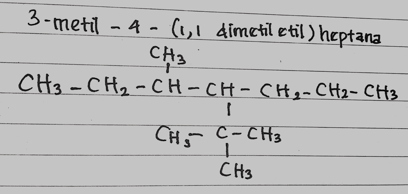 3-metil -4- (L,l dimetil etil) heptana CH₃ CH3 - CH2 -CH-CH-CH2-CH2– CH3 1 CH; C-CH3 CH₃ 