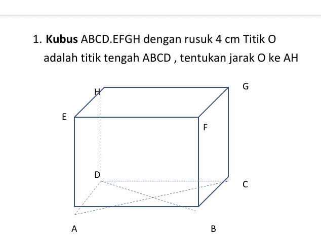 1. Kubus ABCD.EFGH dengan rusuk 4 cm Titik O adalah titik tengah ABCD, tentukan jarak O ke AH G E F F D C A B 