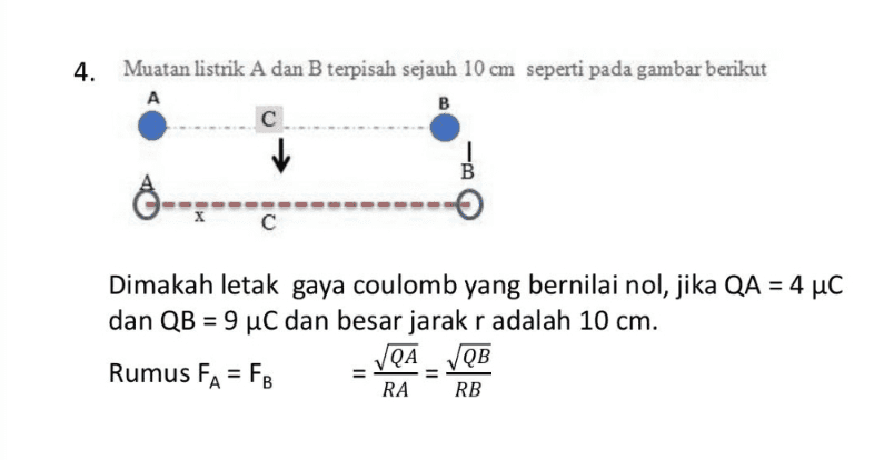 4. Muatan listrik A dan B terpisah sejauh 10 cm seperti pada gambar berikut B с. ✓ B с Dimakah letak gaya coulomb yang bernilai nol, jika QA = 4 uc dan QB = 9 uc dan besar jarak r adalah 10 cm. Rumus FA = FB VQA - VQB RA RB 