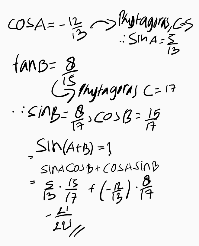 .:SinA= 13 COSA-s kaphagia, ss tan B=8 5 Phytagoras (=17 8 TA 17 Sin(A+B) = 1 SINACOSB+COSASINB is 8 f 서 ' 13 17 得 LU 